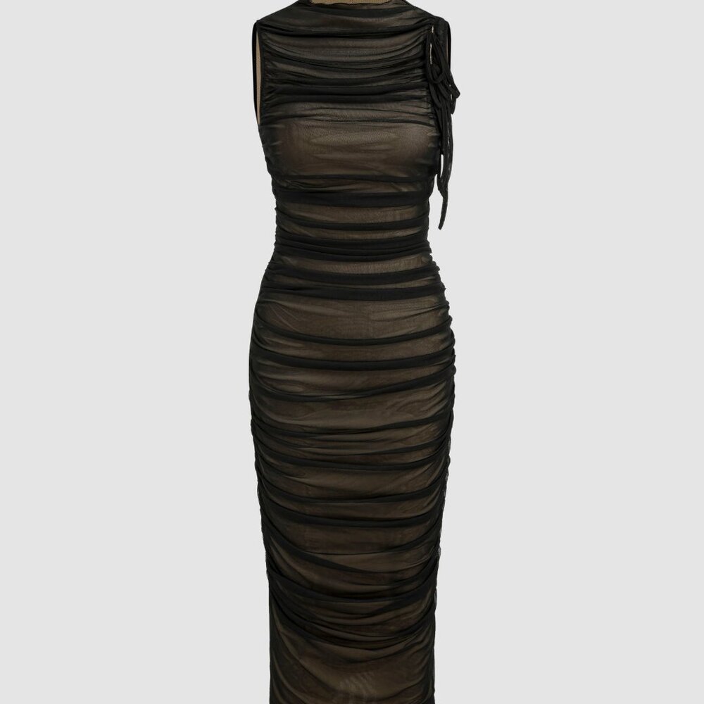 CIDER Mesh Ruched High Neck Midi Dress